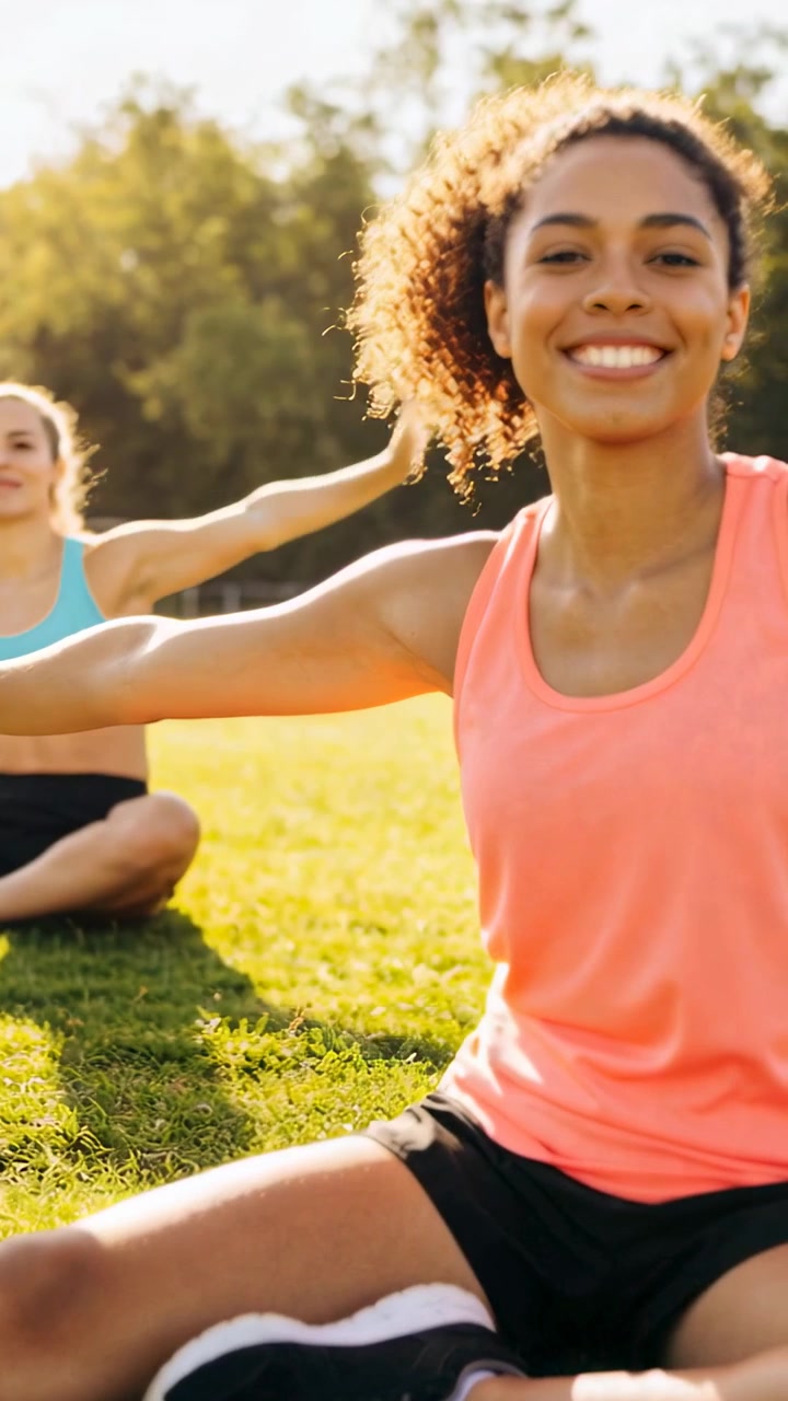 Vídeo vertical: Aula em grupo começando com mulher alongando-se à direita na grama com regata coral para o treino