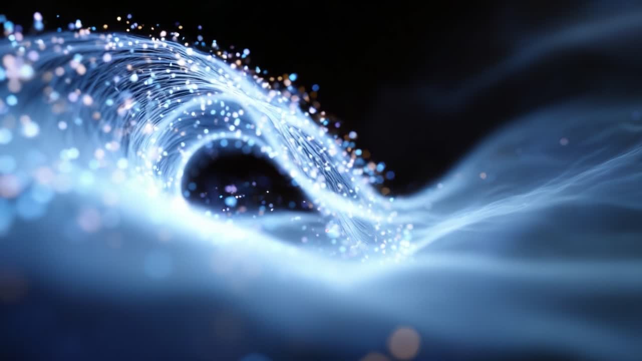 A mesmerizing wave of glowing particles flowing in a dark space, creating a stunning visual effect reminiscent of light trails across a cosmic landscape
