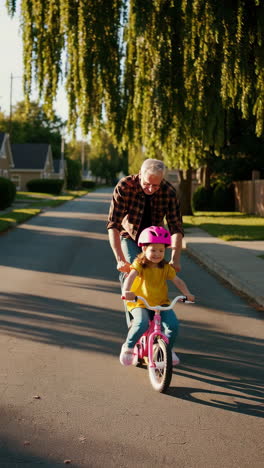 grandparent teaching grandchild to ride a bicycle in the neighborhood