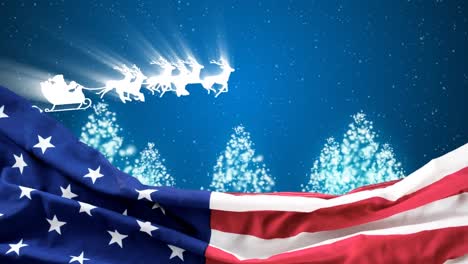 christmas animation of american flag and reindeer sleigh riding in the sky 4k