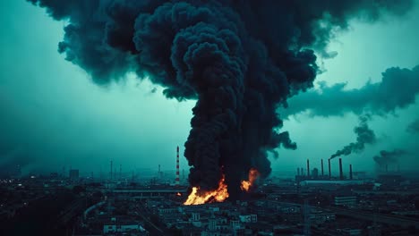 a large plume of black smoke billows out of a factory at night