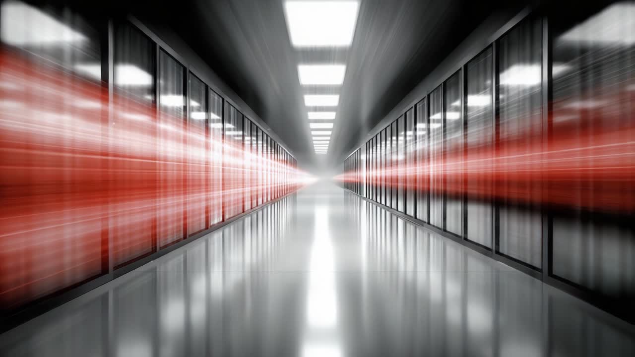 Corridoio Dinamico di Data Center con Corridoi Illuminati ed Effetti di Movimento Rossi Sfocati che Sottolineano la Tecnologia Moderna e la Connettività ad Alta Velocità