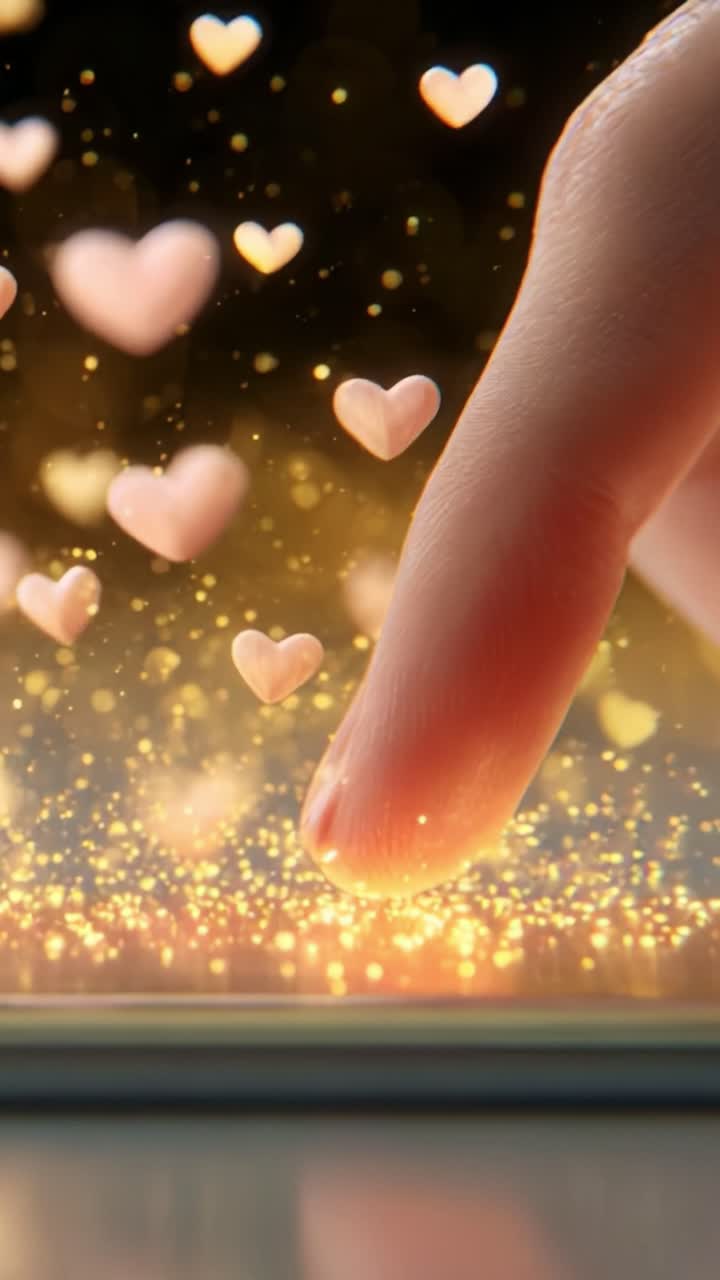A Tender Touch: Exploring the Concept of Love Through the Connection of a Finger and Floating Hearts, Symbolizing Affection, Emotion, and Intimate Moments in a Magical Atmosphere of Sparkling Lights