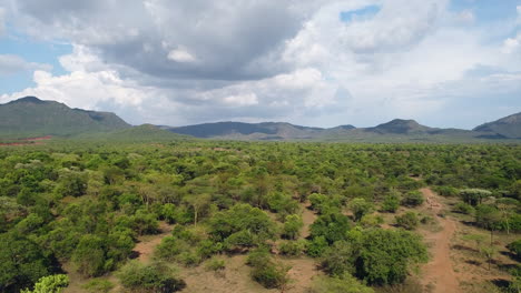Drone-shot-of-the-Ethiopian-savanna-in-Omo-valley-Bena-Tsemay-region-with-mountains-and-trees