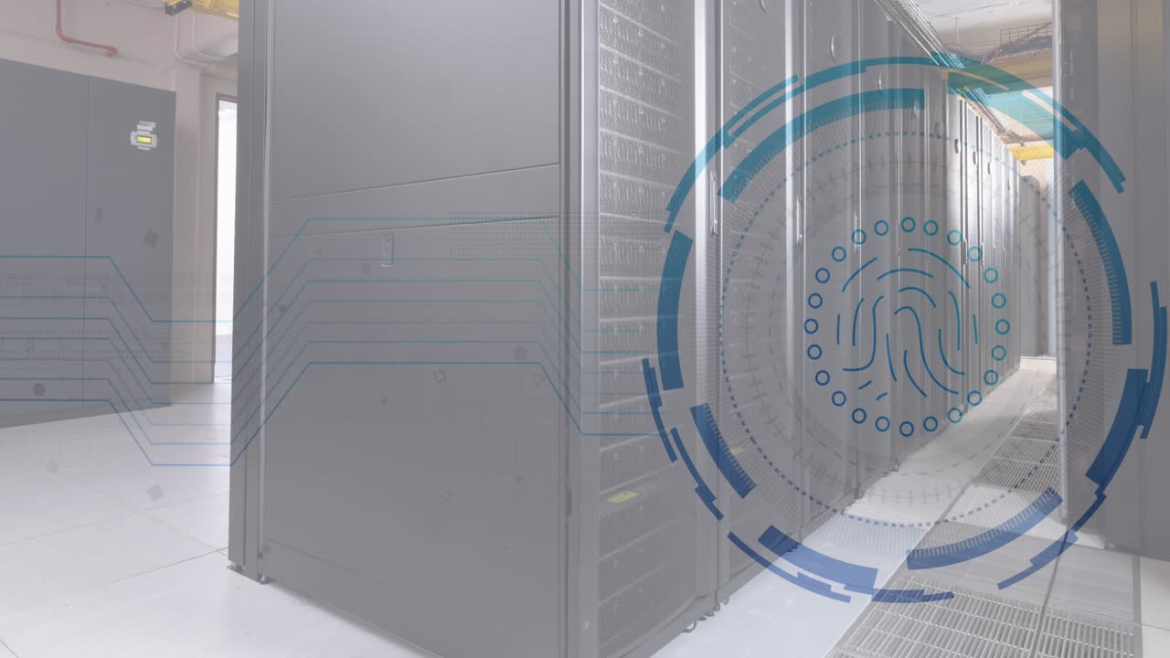 Animation of fingerprint in loading circles over data server racks in server room