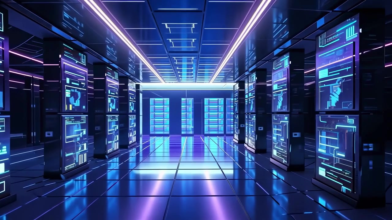 Futuristic Data Center Server Room with Glowing Digital Interfaces