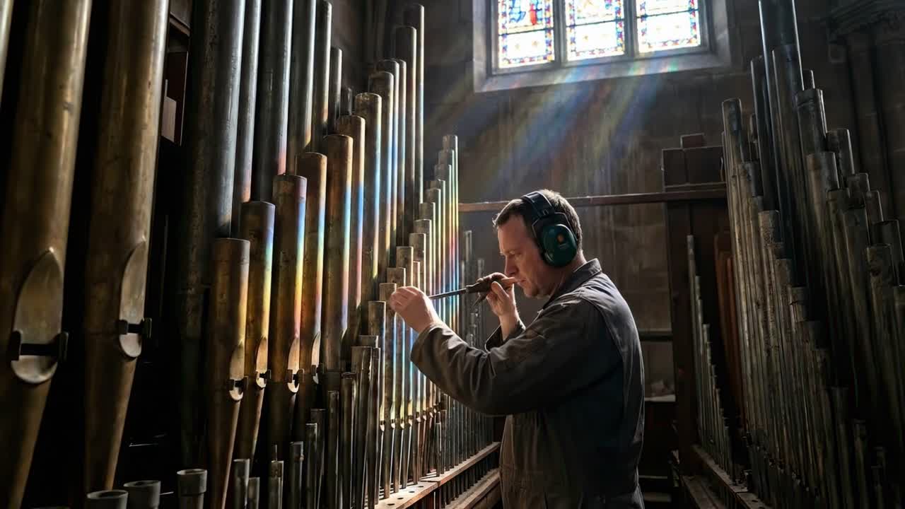 Un uomo che accorda le canne d'organo in una chiesa