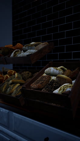 una panadería con una selección de pan fresco y pasteles en exhibición
