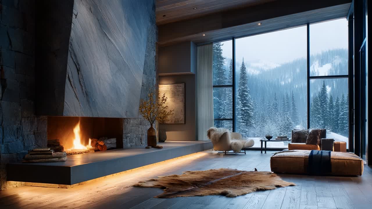 A Cozy Winter Retreat: Captivating Luxury Living Room with Modern Fireplace and Panoramic Mountain View Surrounded by Snow-Covered Pines, Inviting Warmth and Elegant Design Creating a Serene Atmosphere