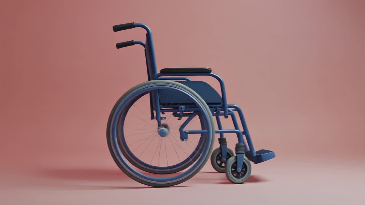 Blue Wheelchair Rotating on Pink Studio Background