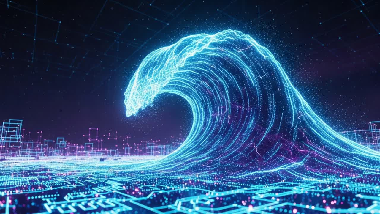 A Stunning Digital Wave Created with Neon Blue and Pink Particles, Rising Dramatically Above a Virtual Landscape Representing Data and Technology Environments