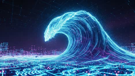 a stunning digital wave created with neon blue and pink particles, rising dramatically above a virtual landscape representing data and technology environments