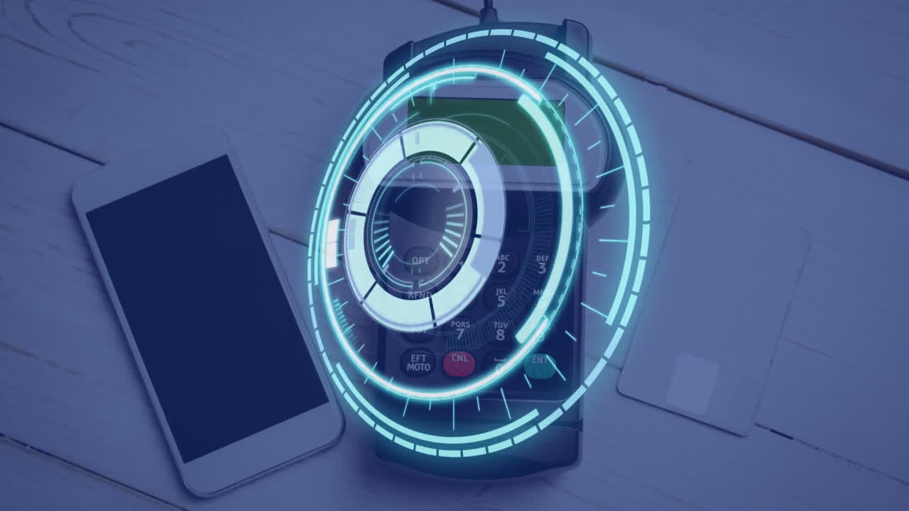 Animación de escaneo sobre smartphone y terminal de pago