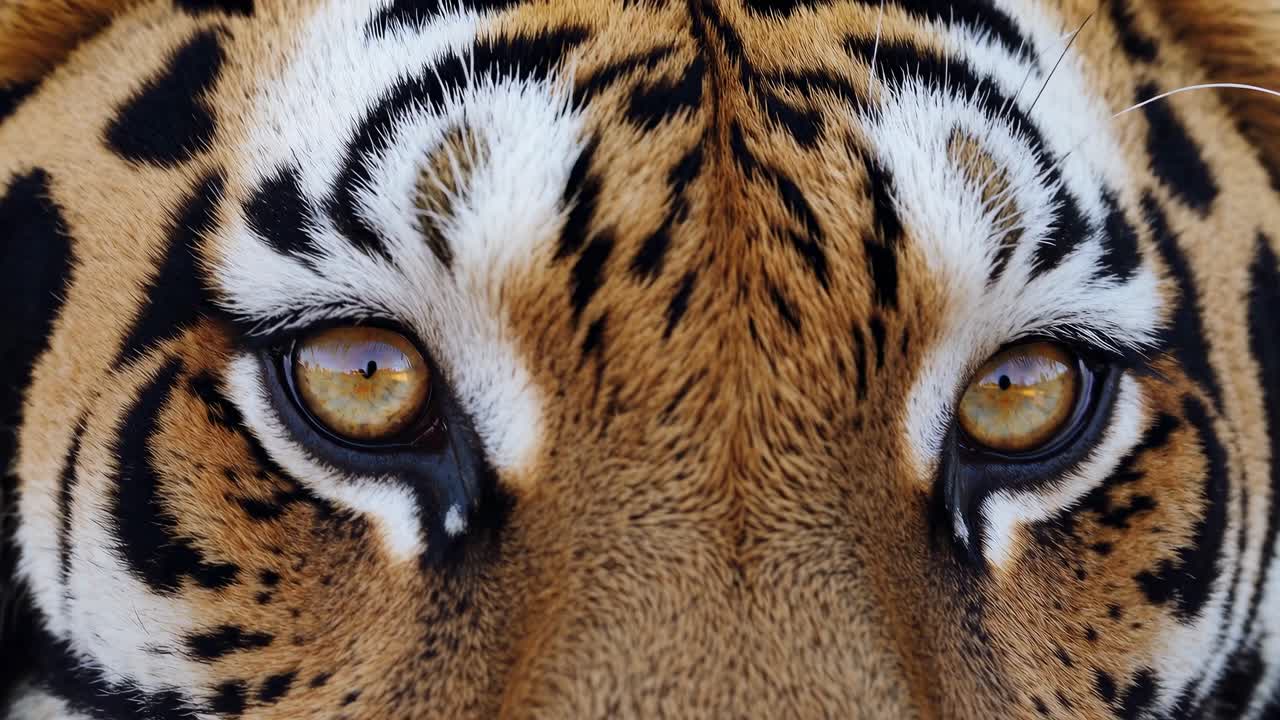 Close-up video of a tiger's intense gaze, capturing intricate fur patterns and striking eyes