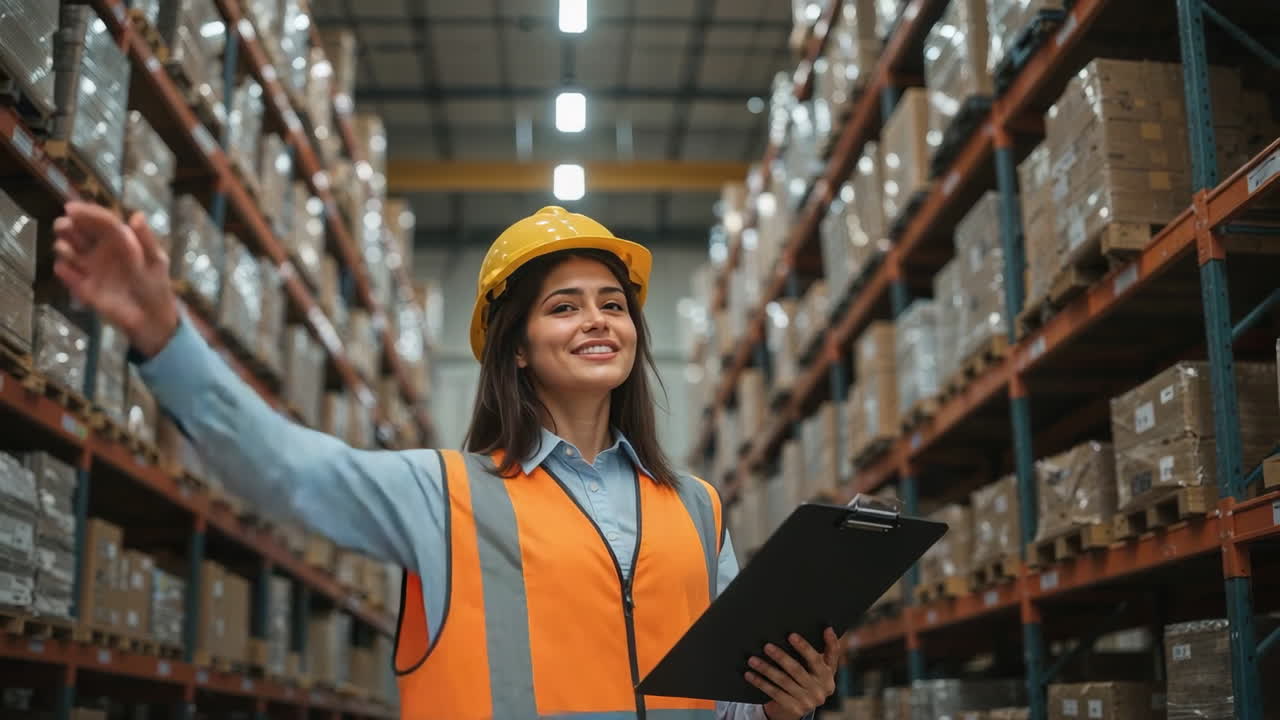 Woman in safety gear waving in a warehouse