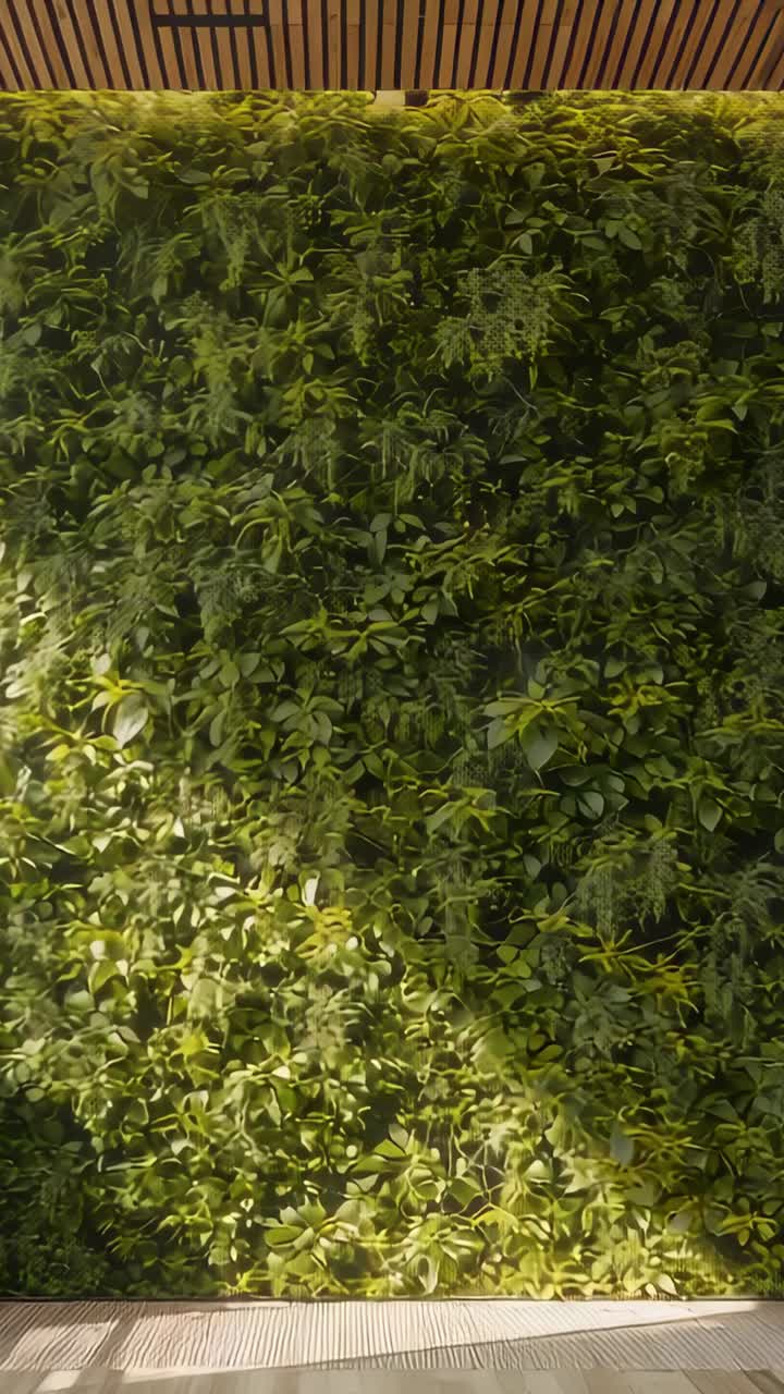 Vídeo vertical: câmera filmando parede verde sob teto de madeira com luz angular se movendo após tremor