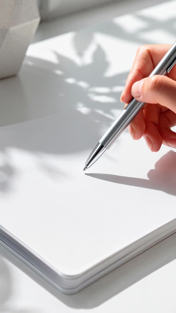 Una vista ravvicinata segue le dita che guidano una penna metallica sopra pagine vuote di un quaderno, spostando la posizione attraverso un'area illuminata dal sole, mentre ombre nette di fogliame creano motivi grafici su una scrivania bianca.