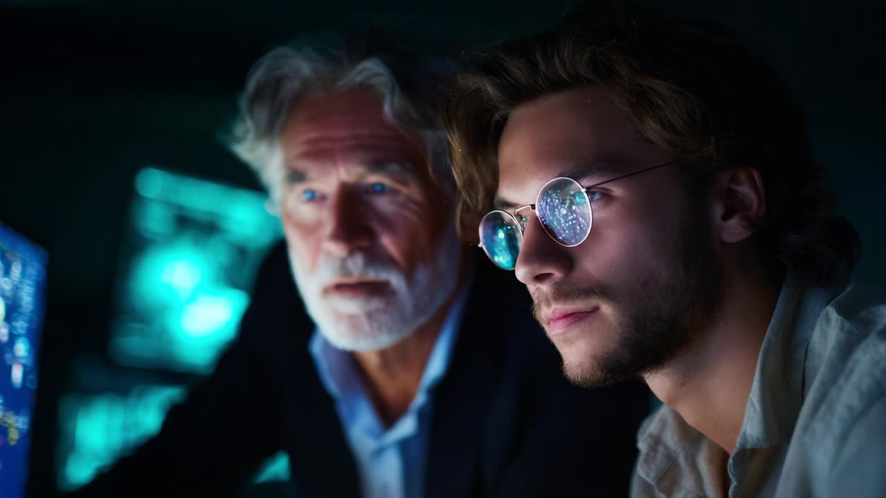 In a dimly lit room, two individuals engage in a focused conversation, reflecting on complex data displayed on screens, showcasing a blend of experience and youth in a high-tech environment
