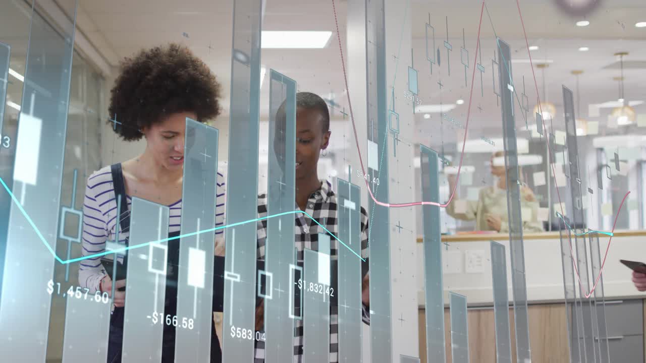 Two female colleagues opening folder, reviewing paper in office while 3D financial charts animating
