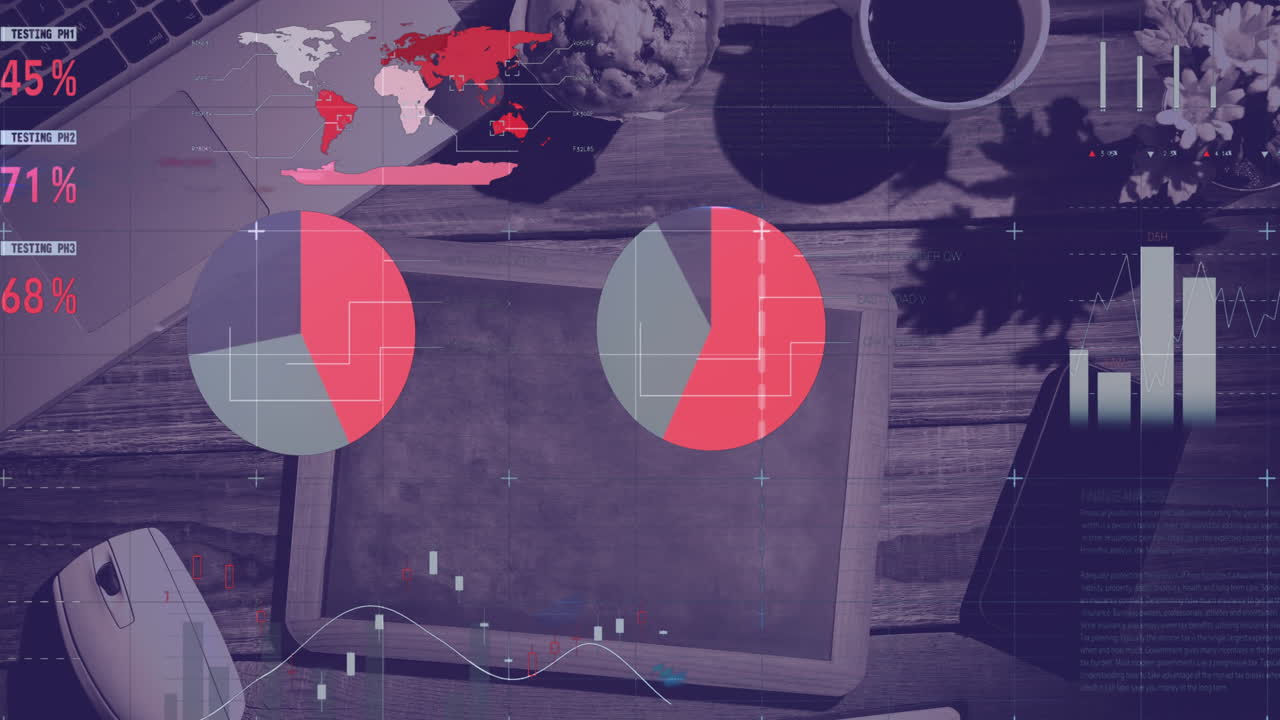 animación del procesamiento de datos financieros con estadísticas en el escritorio con tableta