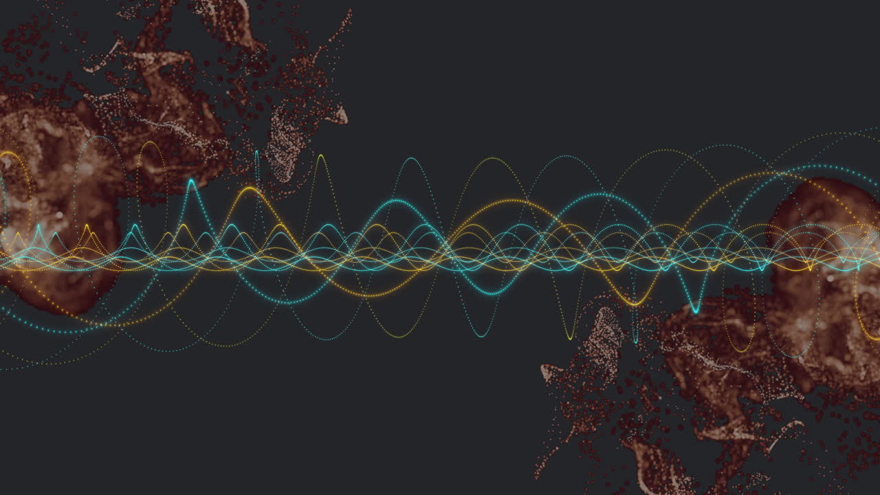 Colorful waveforms animation over abstract red and brown shapes on dark background