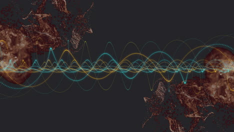 colorful waveforms animation over abstract red and brown shapes on dark background