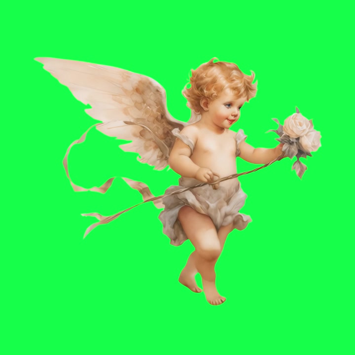 Animated Cherub Holding a Bouquet of Roses on Green Screen