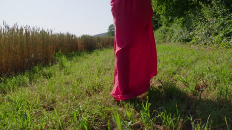 a woman in a red dress is walking along a grain field