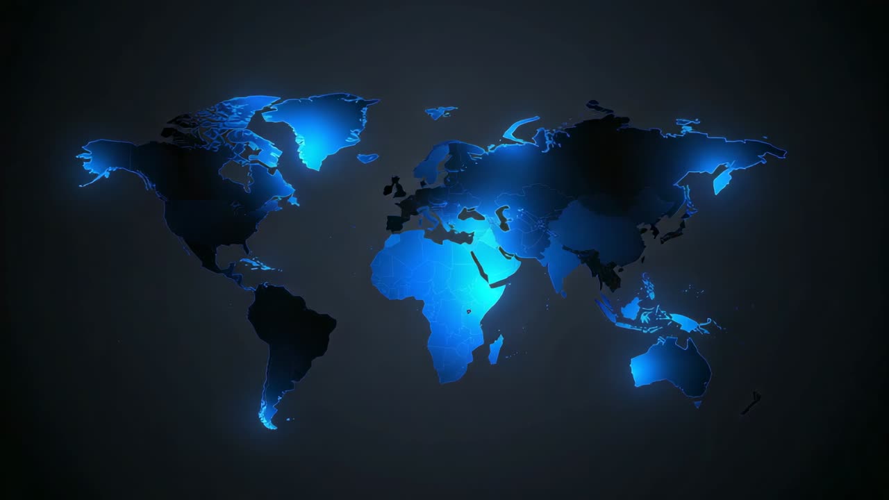 Animation starting stylized world map silhouette shifting blue glow over vignette, accenting coasts