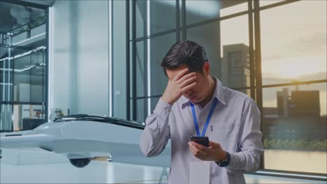 현대적 인 사무실 에서 스마트폰 을 보고 있는 스트레스 를 받는 사업가