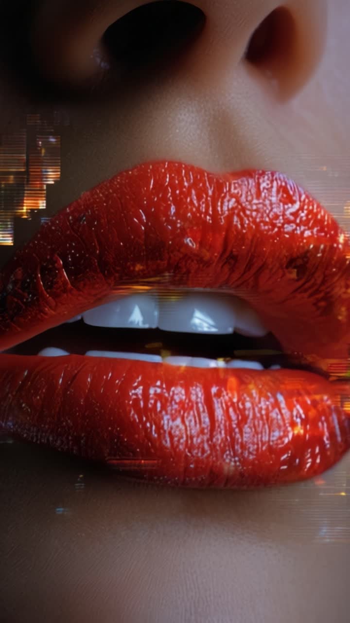 Close-Up of Glossy Red Lips with a Shimmering Texture Surrounded by a Stylish and Modern Background Reflecting Energetic Urban Vibes