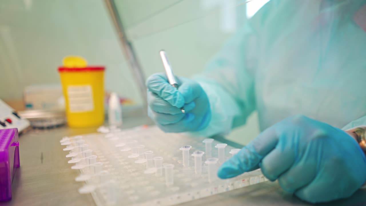 Laboratory worker writes with a pen on test tubes. Hands in blue protective gloves writing on plastic vials on the table indoors. Close-up.