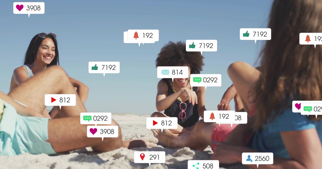 Five friends chatting beachside activating social media icons multiplying showing engagement growth
