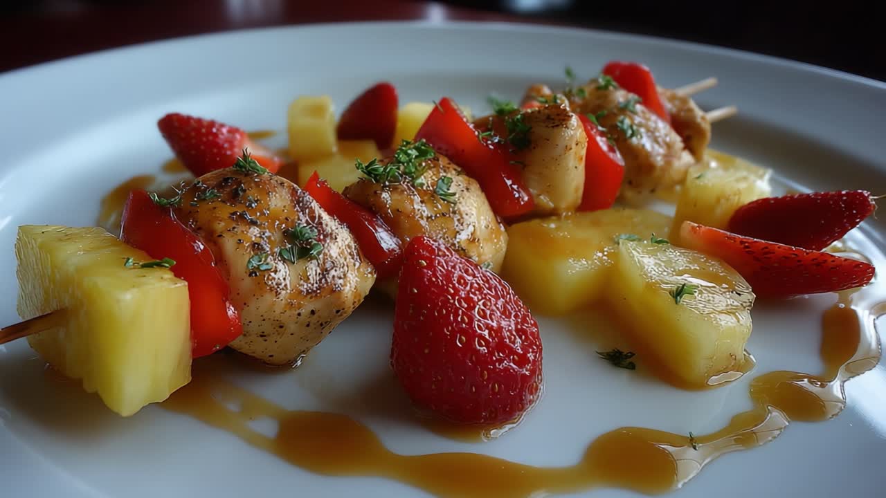 Delicious Chicken and Fruit Skewers Served on a Plate with Fresh Strawberries, Pineapple Chunks, and a Flavorful Sauce Garnished with Herbs