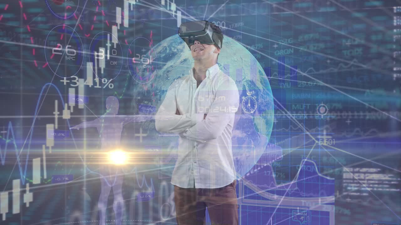 ภาพเคลื่อนไหวของนักธุรกิจสวมแว่น VR เหนือหน้าจอที่กำลังประมวลผลข้อมูลทางการแพทย์