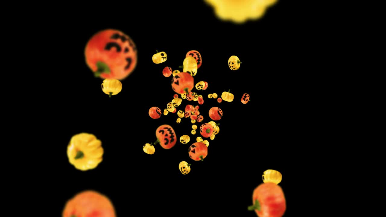 흑색 배경에 많은 오렌지색과 노란색 호박을 날아다니며, 미소와 함께 만화 얼굴, 할로윈 휴가에 대한 3d 애니메이션, 루프 애니메이션.