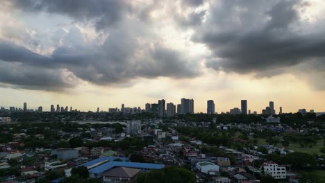downtown with skylines during a cloudy day in marikina city, metro manila, philippines. aerial drone shot
