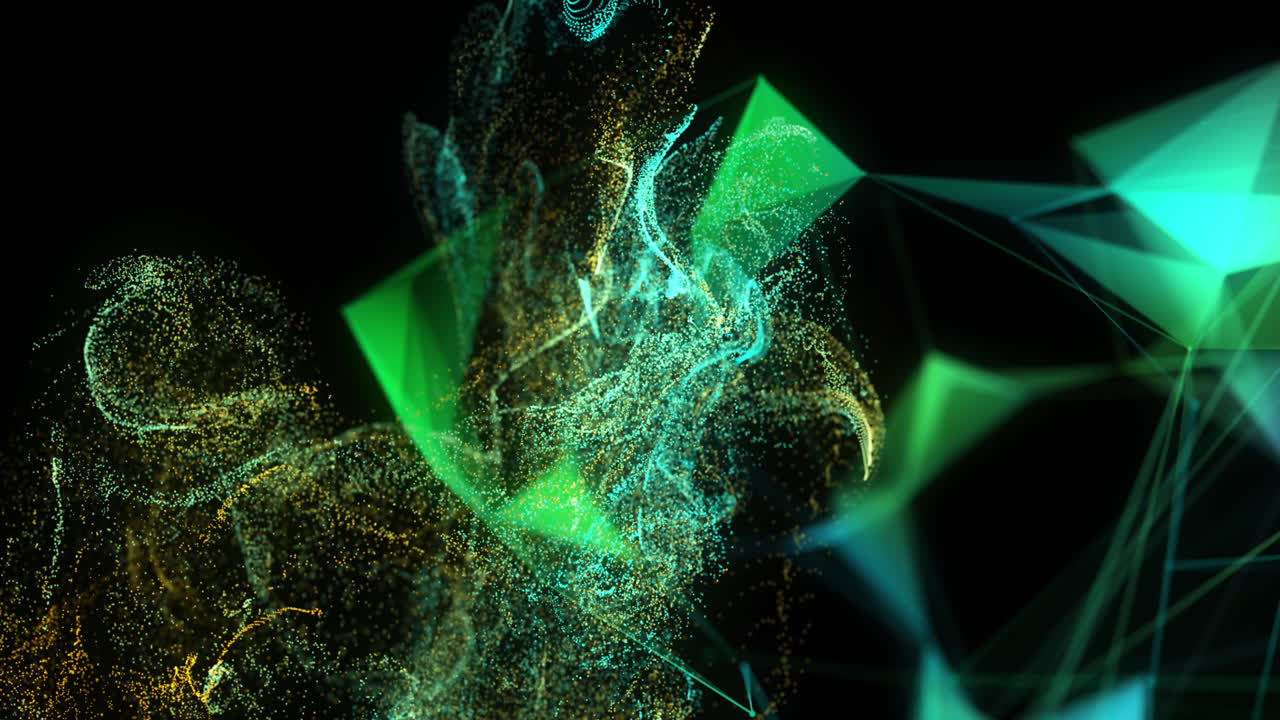 Animation of moving glowing lights and waves over black background