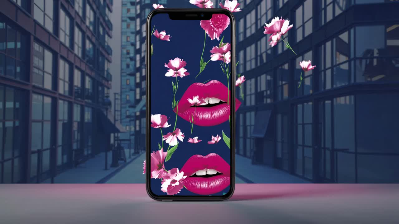 분홍색 꽃과 빨간 입술으로 세련된 휴대 전화 벽지