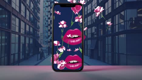 elegante papel tapiz de teléfono móvil con flores rosas y labios rojos