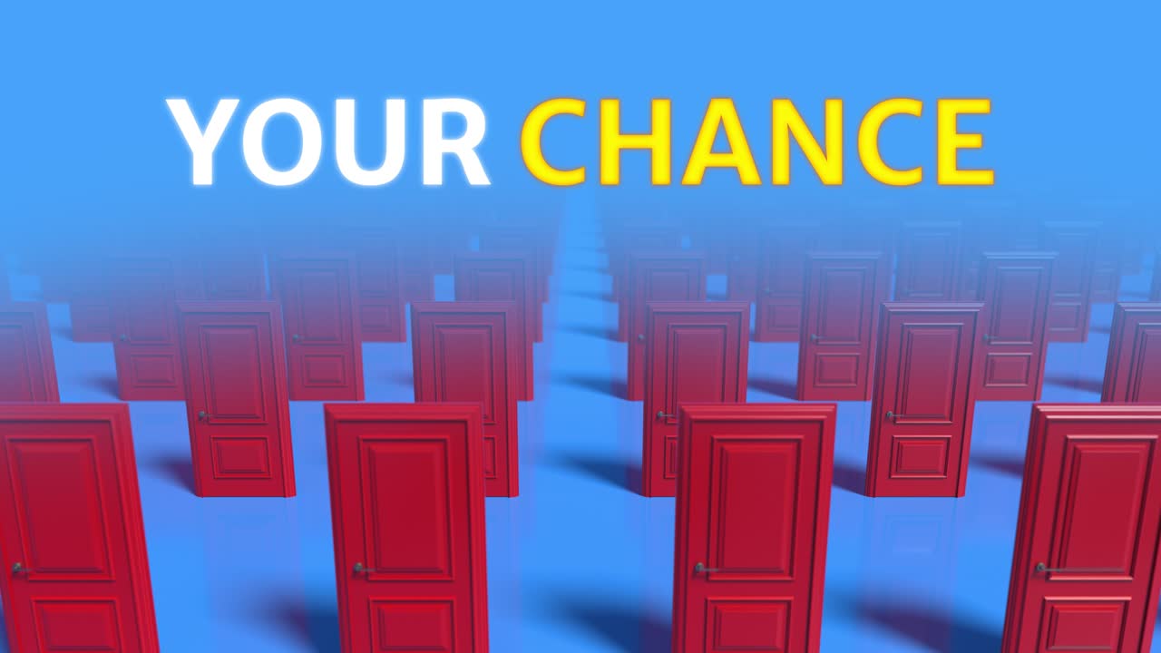 Choose your chance. Rows of red wooden closed doors on a blue background. Choice, business and success concept. Welcome, new opportunity. Fog. 3d animation loop, 4K