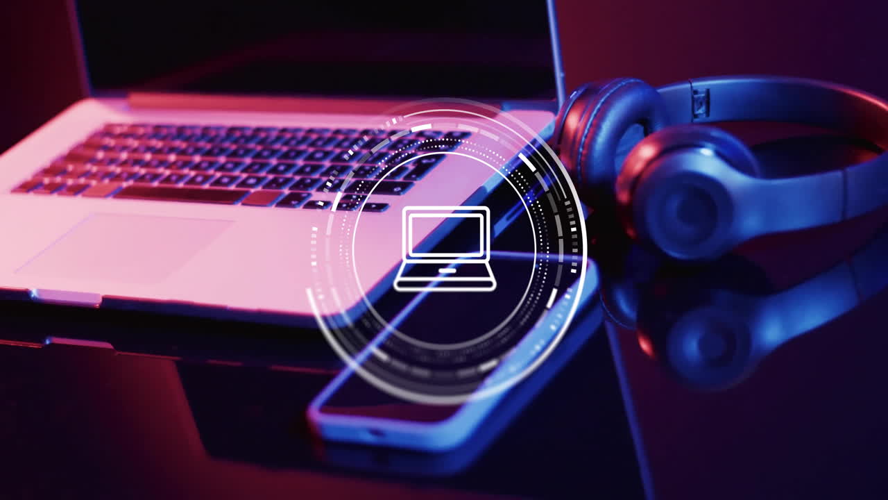 animación del icono del portátil sobre el portátil, el teléfono inteligente y los auriculares
