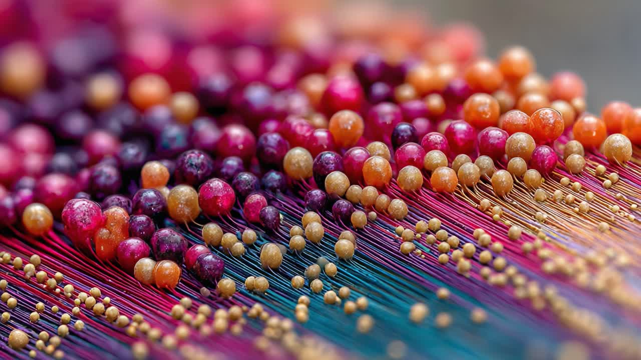 Vivace composizione artistica con una varietà di sfere e fili colorati che mette in risalto la texture e la profondità nella decorazione