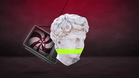 animación de una escultura de cabeza antigua sobre un conjunto de televisión retro en fondo oscuro