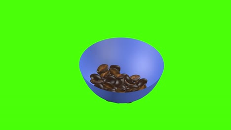 coffee beans falling in the bowl, 3d animation green screen chroma key