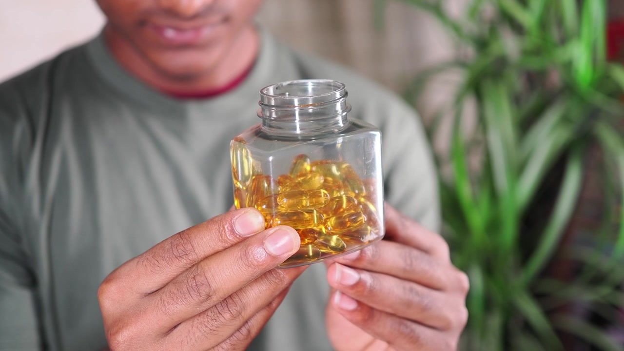 Persona che tiene una bottiglia di capsule dorate di olio di pesce Omega-3