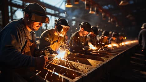 workers engaged in welding activities in an industrial workshop at dusk