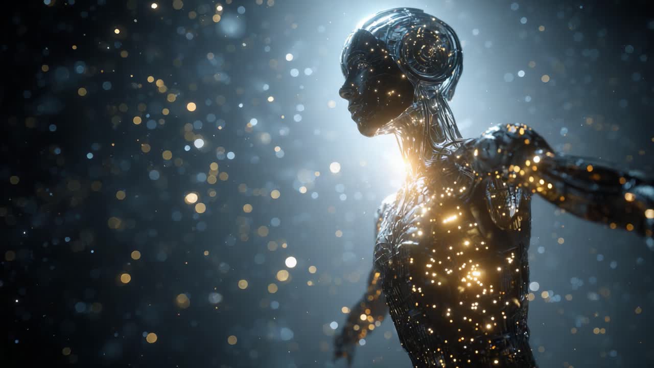 A Stunning Glimpse of a Luminous Metallic Figure in a Dreamlike Setting, Capturing the Essence of Futuristic Design and Radiant Beauty in Motion