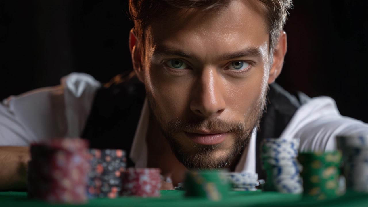 Intensa Concentrazione sul Gioco di Carte: Un Primo Piano di un Giovane Uomo con un'Espressione Determinata Mentre Elabora Strategie a un Tavolo da Poker Circondato da Fiches Colorate