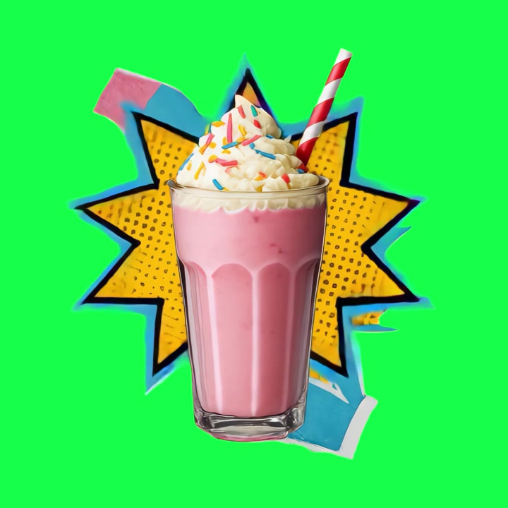Milkshake alla fragola con panna montata e codette su sfondo verde